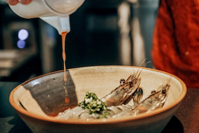 luxury meal incorporating raw shrimp and soy sauce