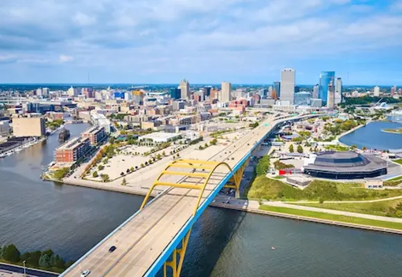Aerial View of Milwaukee Bridge, Stadium, and Urban Skyline